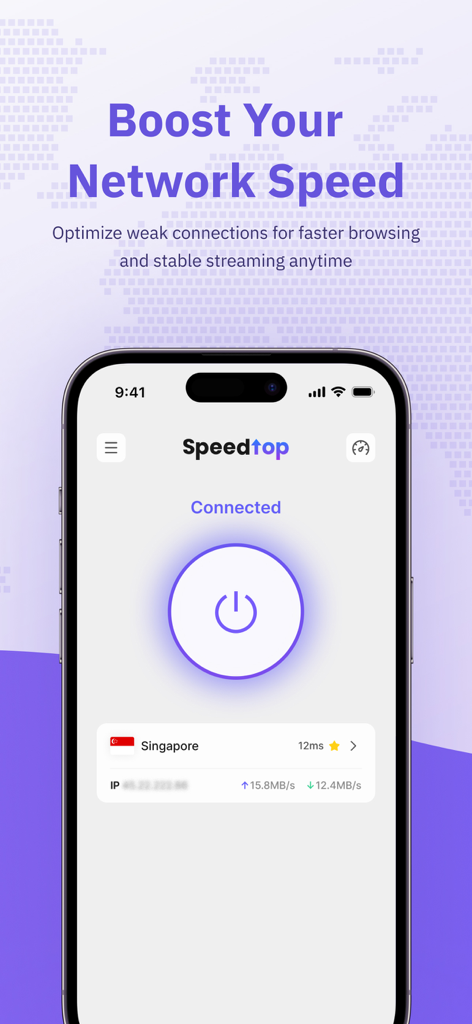 SpeedTop VPN app interface showing a connected status and a headline about boosting network speed