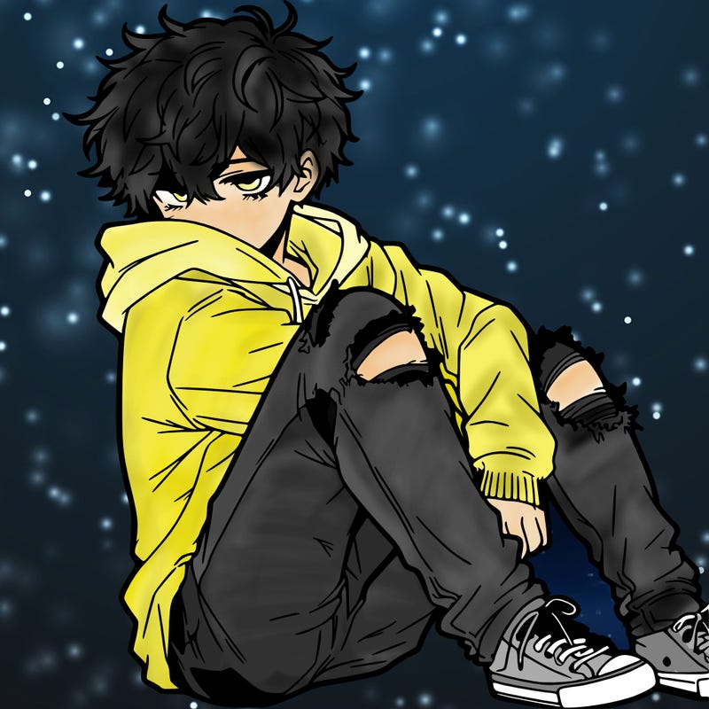 a male hoddie ripped jeans messy hair anime