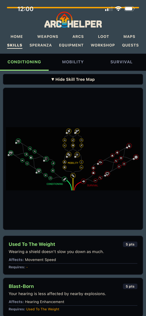 Arc Helper - Interfaz de la aplicación Arc Helper que muestra el árbol de habilidades de acondicionamiento y los requisitos de habilidades individuales