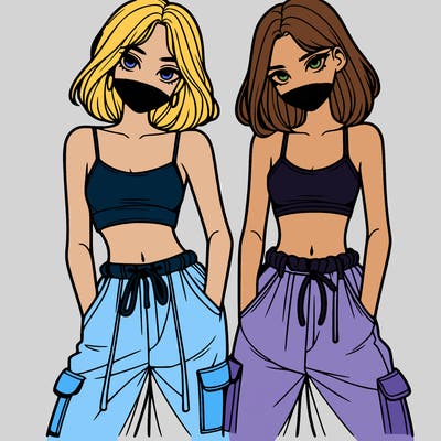 two girls with crop top with baggy pants
