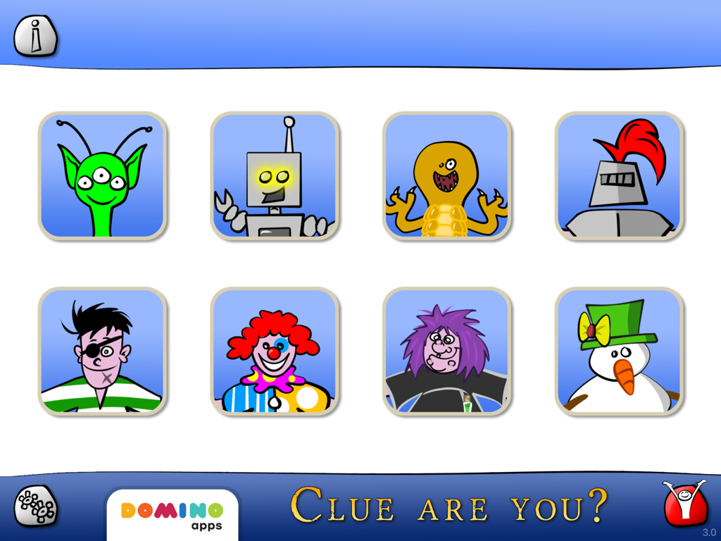 A grid of eight cartoon mystery characters including an alien, a robot, and a knight in the Clue are you app.
