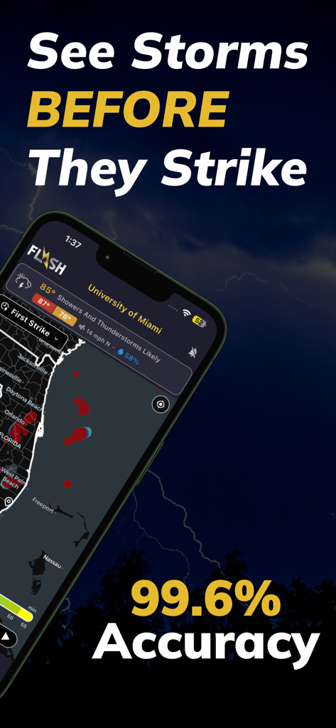 Flash Weather AI - Interface de l'application Flash Weather AI affichant le suivi des orages et une prédiction de précision de 99,6 %.