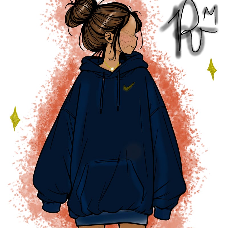 realistic girl with a oversized sweatshirt on and a bun