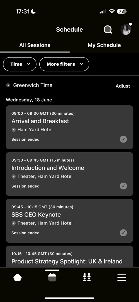SBS Events - SBS Events App-Zeitplanbildschirm mit Sitzungen und Zeiten