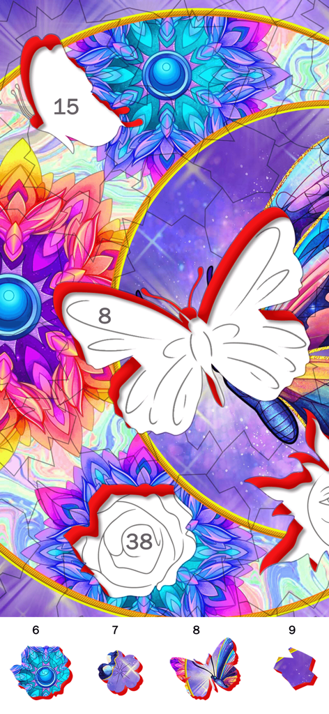 数字で示された蝶と花のピースが、鮮やかな曼荼羅のデザインにマッチングされる、カラフルな3Dジグソーパズルシーン。