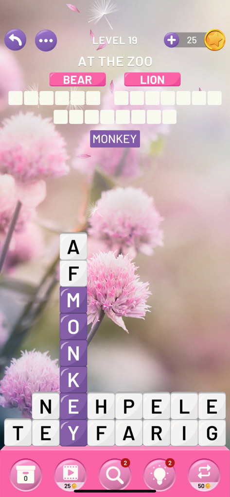 Word Tower: Relaxing Word Game - A screenshot of Word Tower mobile game showing a word search puzzle with a nature background and animal themed words