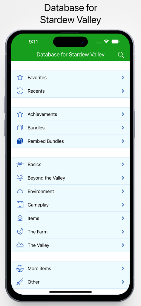 Database for Stardew Valley - Main menu of the Database for Stardew Valley app showing navigation categories