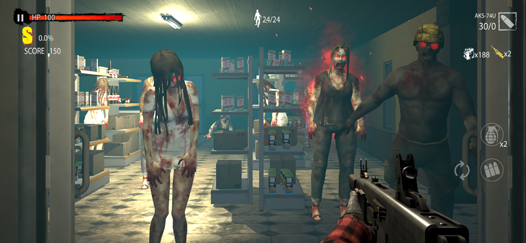 Zombie Hunter D-Day - Una perspectiva en primera persona de un jugador disparando a zombies en un supermercado en el juego Zombie Hunter D-Day