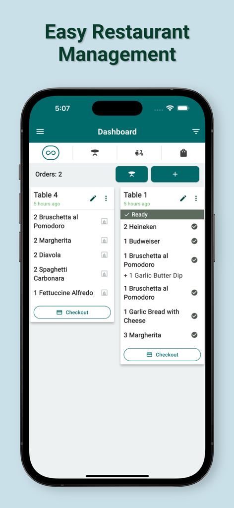 iPhone screen displaying a restaurant POS dashboard with active table orders and checkout buttons