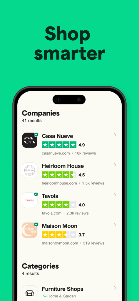 Trustpilot: Reviews & Ratings - Trustpilot 앱 인터페이스, 회사 검색 결과와 별점 및 후기 표시