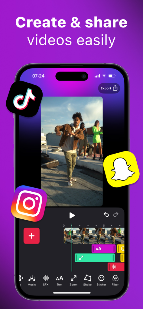 ClipClap: Video Clips Editor - ClipClap 동영상 편집기 모바일 인터페이스, 동영상 타임라인과 공유를 위한 소셜 미디어 아이콘 표시