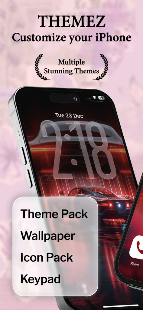Themez app screenshot showing custom iPhone lock screen with car wallpaper and list of customization features like icon packs and keypads
