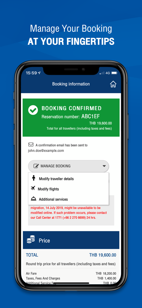 Bangkok Airways - 予約確認および予約管理オプションが表示されたバンコクエアウェイズアプリの画面