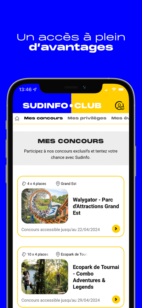 Sudinfo-App-Oberfläche mit dem Sudinfo Club-Bereich und exklusiven Wettbewerben und Vorteilen für Mitglieder