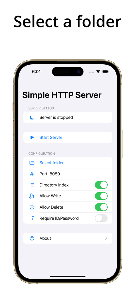 Simple Server: HTTP Server - L'écran de configuration principal de l'application Simple HTTP Server sur un iPhone, montrant l'état du serveur et les options de partage de fichiers