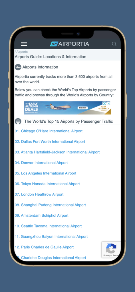 Captura de tela do aplicativo Airportia mostrando um guia dos 15 principais aeroportos do mundo por tráfego de passageiros.