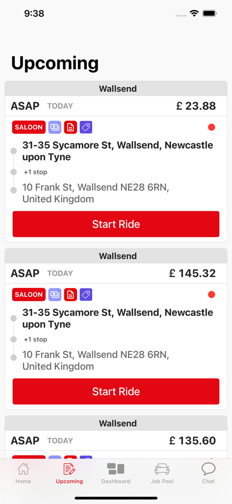 Ride.bm Driver - Interface of the Ride.bm Driver app showing the upcoming rides screen with job details and fare amounts