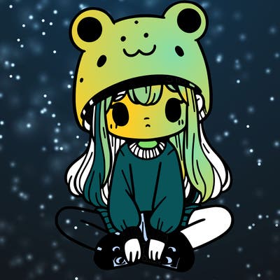 a girl wearing a frog hat and some frog socks