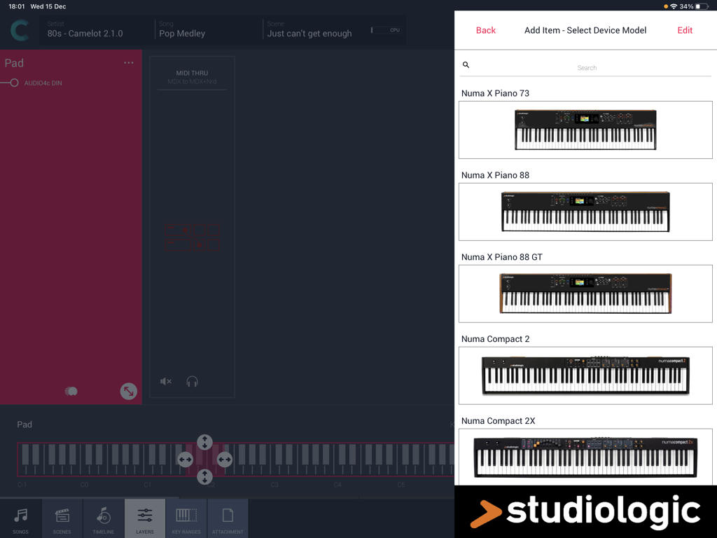 Selecting a Studiologic digital piano model in the Camelot Pro iPad app hardware setup menu.