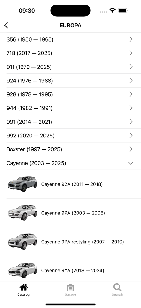 Car parts for Porsche diagrams - Interface of the Porsche car parts app showing a list of vehicle models and generations including the Cayenne for technical diagrams