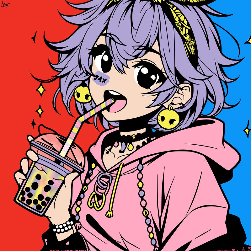 hot baddie anime girl drinking boba and biting the straw
