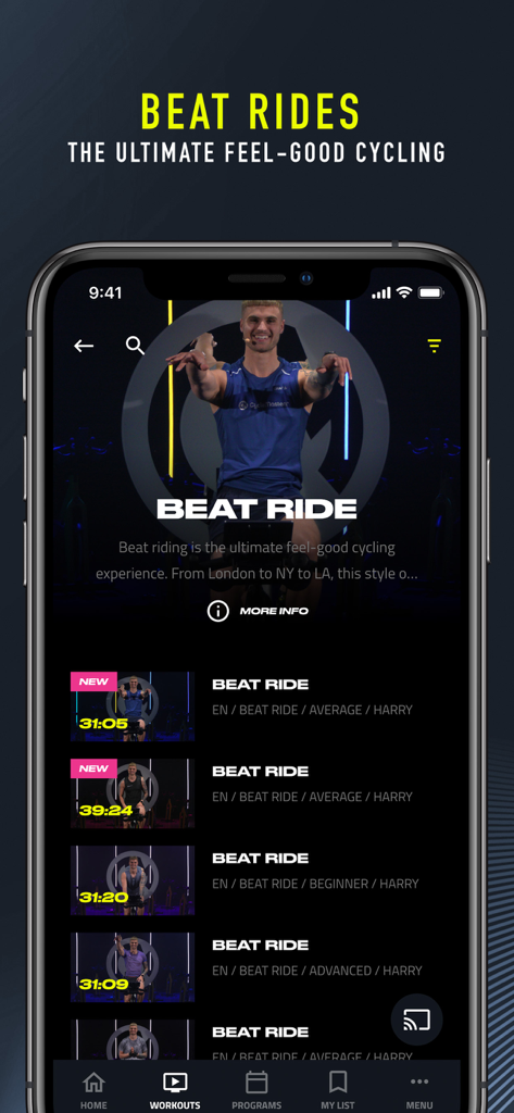 A smartphone screen displaying a list of Beat Ride indoor cycling workouts in the CycleMasters app