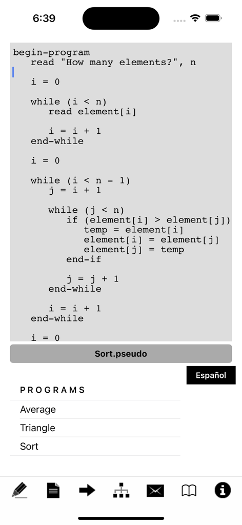 iPseudoCode - for phone - iPseudoCode mobile app interface showing a sorting algorithm written in pseudocode with a list of saved programs.
