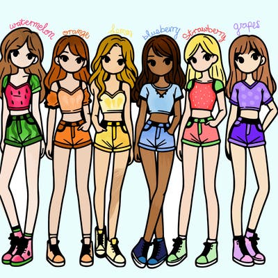 a group of girls wearing crop tops and shorts