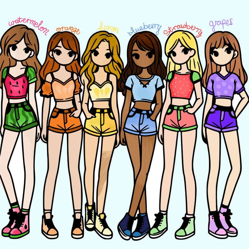 a group of girls wearing crop tops and shorts