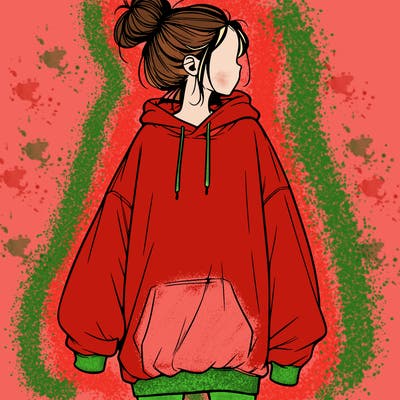 realistic girl with a oversized sweatshirt on and a bun