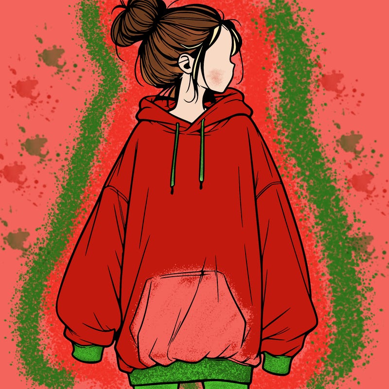 realistic girl with a oversized sweatshirt on and a bun