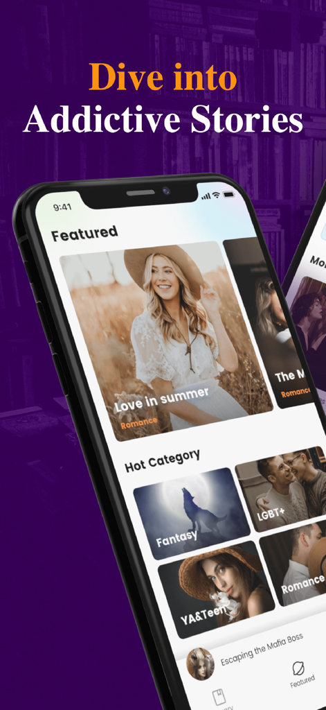 Funtel-Stories&Books,Webnovels - Funtel app interface on a smartphone displaying featured romance and fantasy story categories.