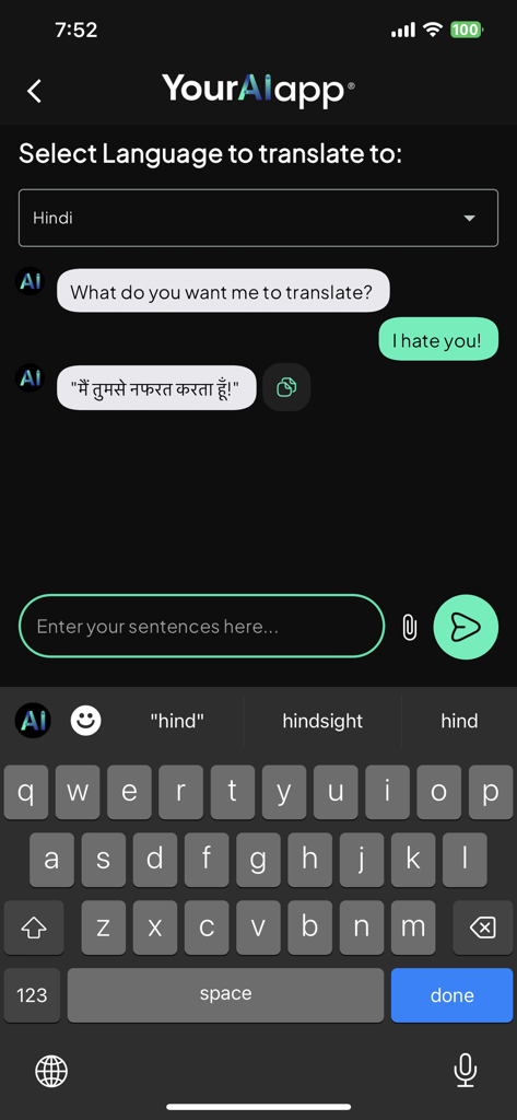 Schermata mobile dell'interfaccia de La Tua App AI che traduce testo dall'inglese all'hindi con una tastiera integrata.