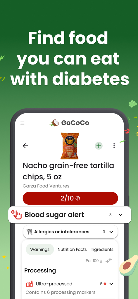 Un écran de smartphone affichant l'interface de l'application GoCoCo avec une alerte de glycémie et un faible score nutritionnel pour un paquet de chips nacho.