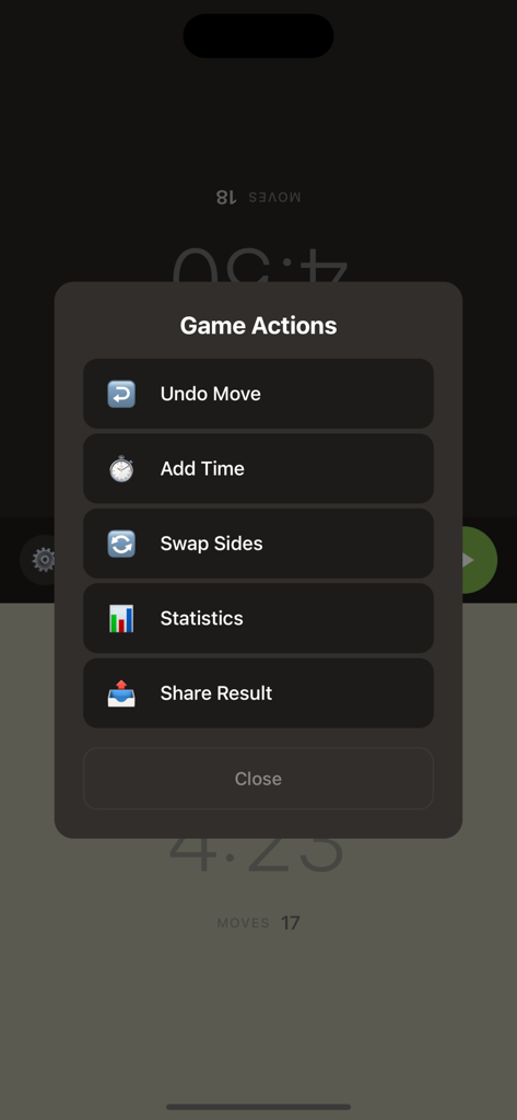 Chess Clock - Game Timer - Menu azioni di gioco in un'app di cronometro di scacchi che mostra le opzioni per annullare la mossa e aggiungere tempo