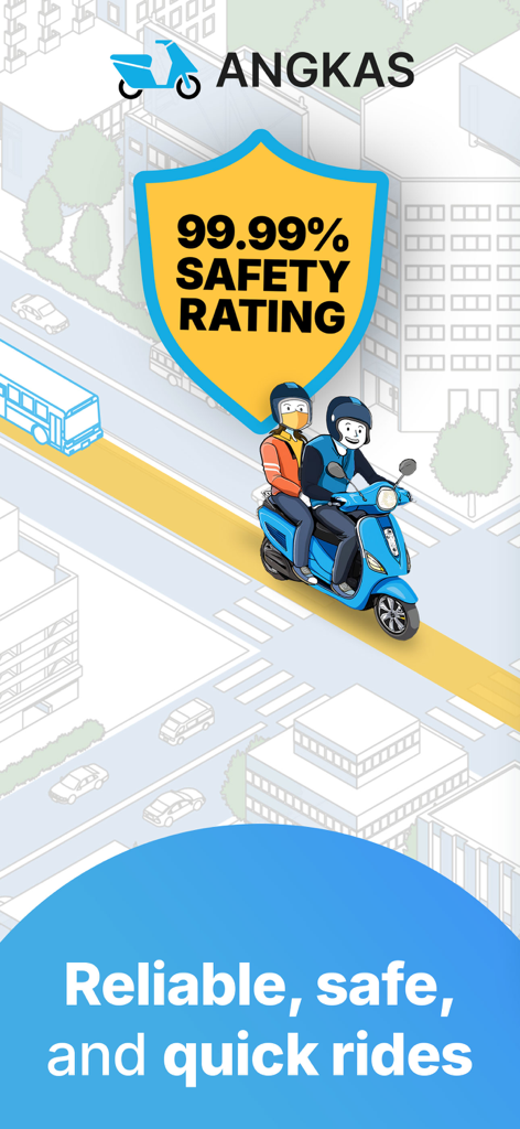 Angkas: Cheap Moto Taxi Rides - Anuncio de la aplicación de mototaxi Angkas destacando una calificación de seguridad del 99.99 por ciento y viajes confiables
