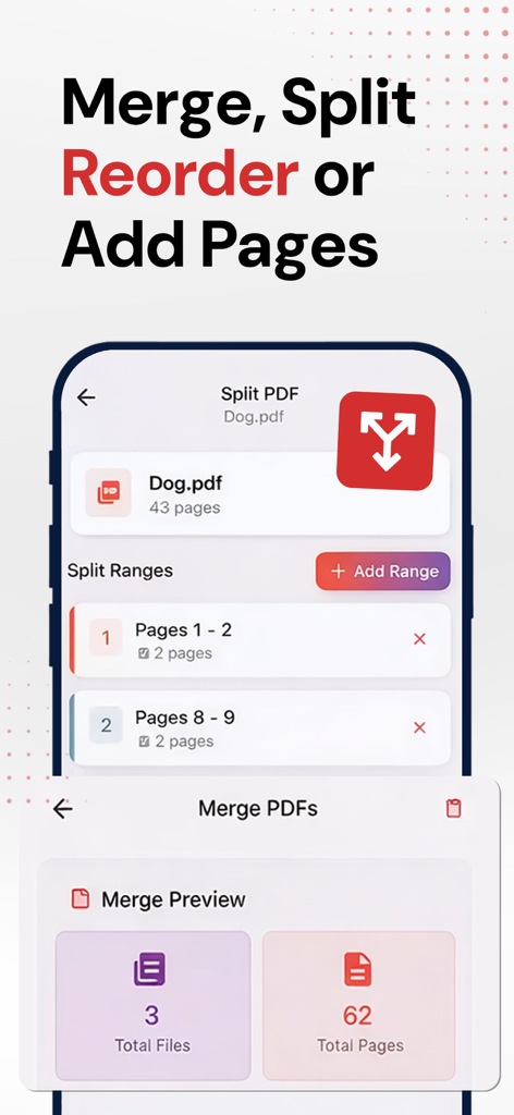 Interface of myPDF app displaying tools to merge and split PDF documents offline