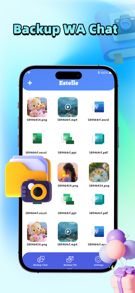 Deleted Messages Recoveryㅤ - WhatsAppチャットから画像、動画、ドキュメントを含むバックアップされたファイルを示すアプリインターフェイス
