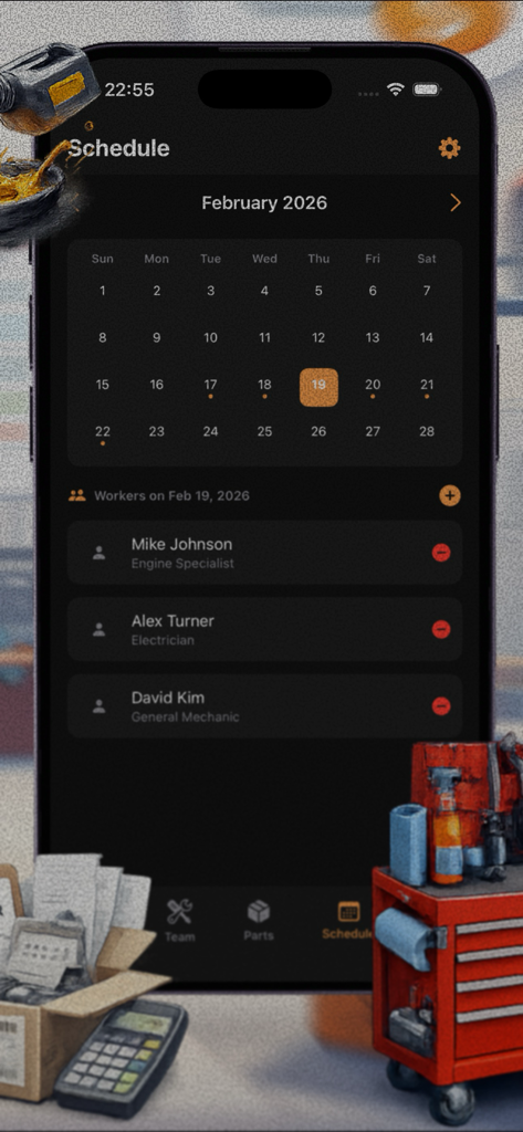 Mechanics Manager - Schedule interface of the Mechanics Manager app displaying a monthly calendar and a list of assigned workers for a specific date