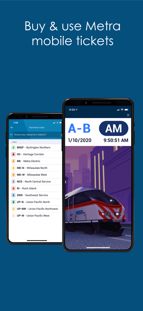 Ventra - Two phone screens showing the Ventra app interface for selecting Metra train lines and displaying a digital mobile ticket