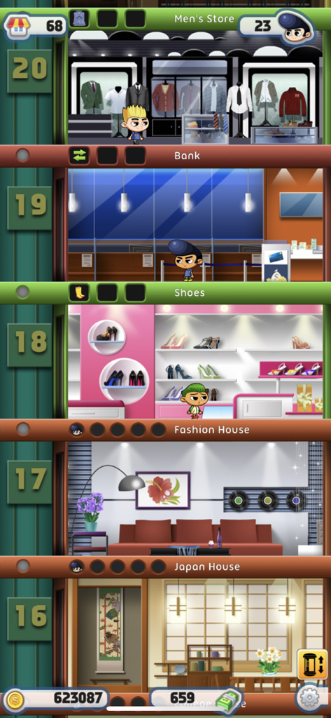 Dream Tower gameplay showing various store and residential floors in a skyscraper simulation