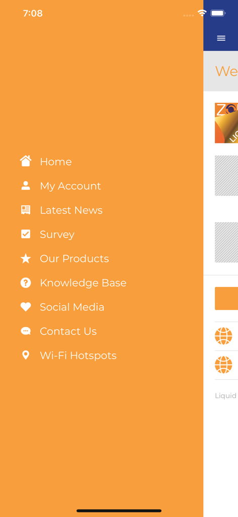 Main navigation menu of the myLiquid Home Zimbabwe app featuring account settings news and wifi hotspot locator