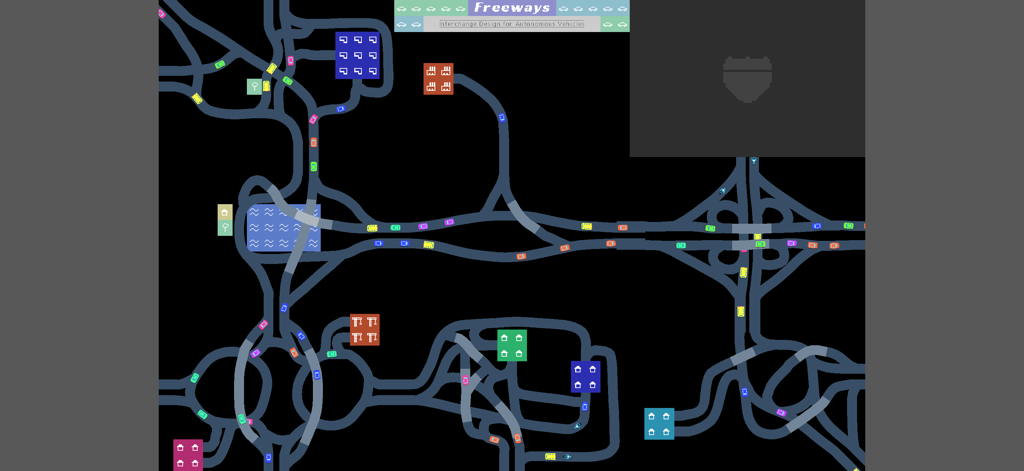 Top-down view of a complex road network and highway interchanges in Freeways simulation game