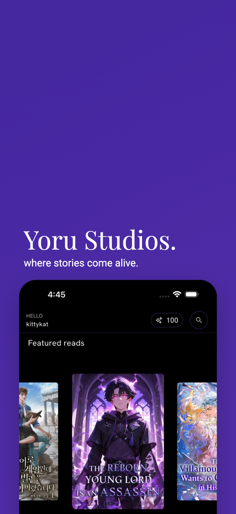 Startbildschirm der Yoru Studios App, der vorgestellte Light Novels und Webnovels anzeigt