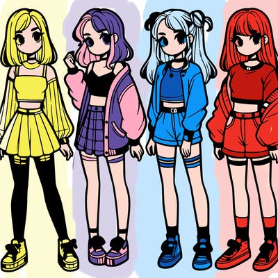 one girl with crop-top shirt and a jacket with a skirt, long socks and another girl with a shirt and pants with a jacket