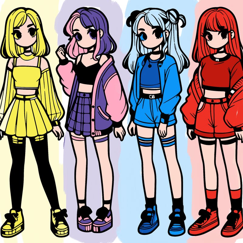 one girl with crop-top shirt and a jacket with a skirt, long socks and another girl with a shirt and pants with a jacket