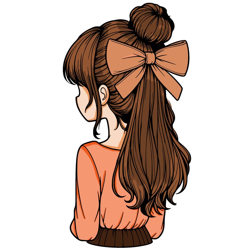 realistic girl  with hip length hair a bun and a big bow on the back of head