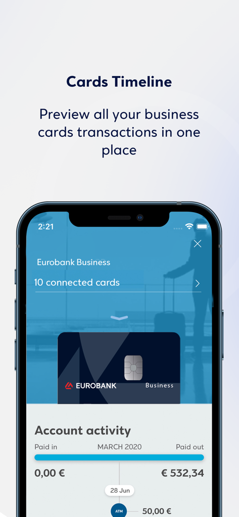 Mobile screen showing the Eurobank Business App cards timeline feature with a view of connected business cards and recent account activity.