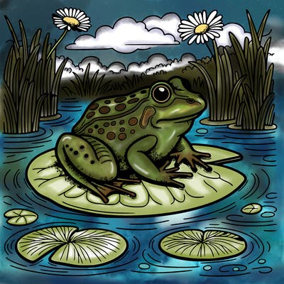 a realistic frog on a lillypad in a river