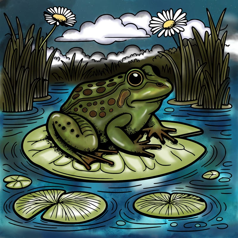 a realistic frog on a lillypad in a river